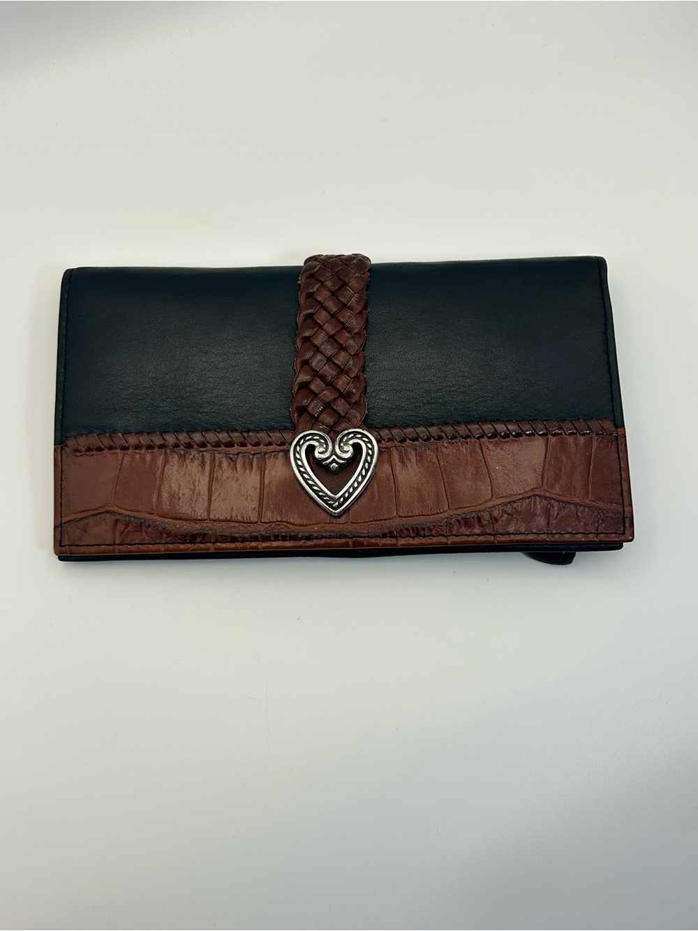 Brighton Two-tone Leather Braided Wallet Black Brown Silver Plated Heart Vintage - Picture 4 of 13
